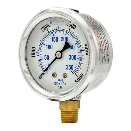 Engineered Specialty Products Pic Gauges 2-1/2" Vacuum Gauge, Liquid Filled, 5000 PSI, Stainless Case, Lower Mount, PRO-201L-254P PRO-201L-254R